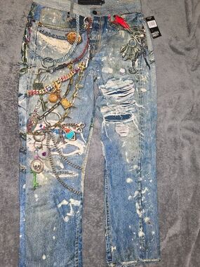 Men's Straight Leg Distressed Blue Jeans with Decorative Chain Charm Detail New